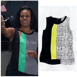 BCBGMaxazria Sz XS Color Block Cut Out Tunic Top Blouse Black ASO Michelle Obama